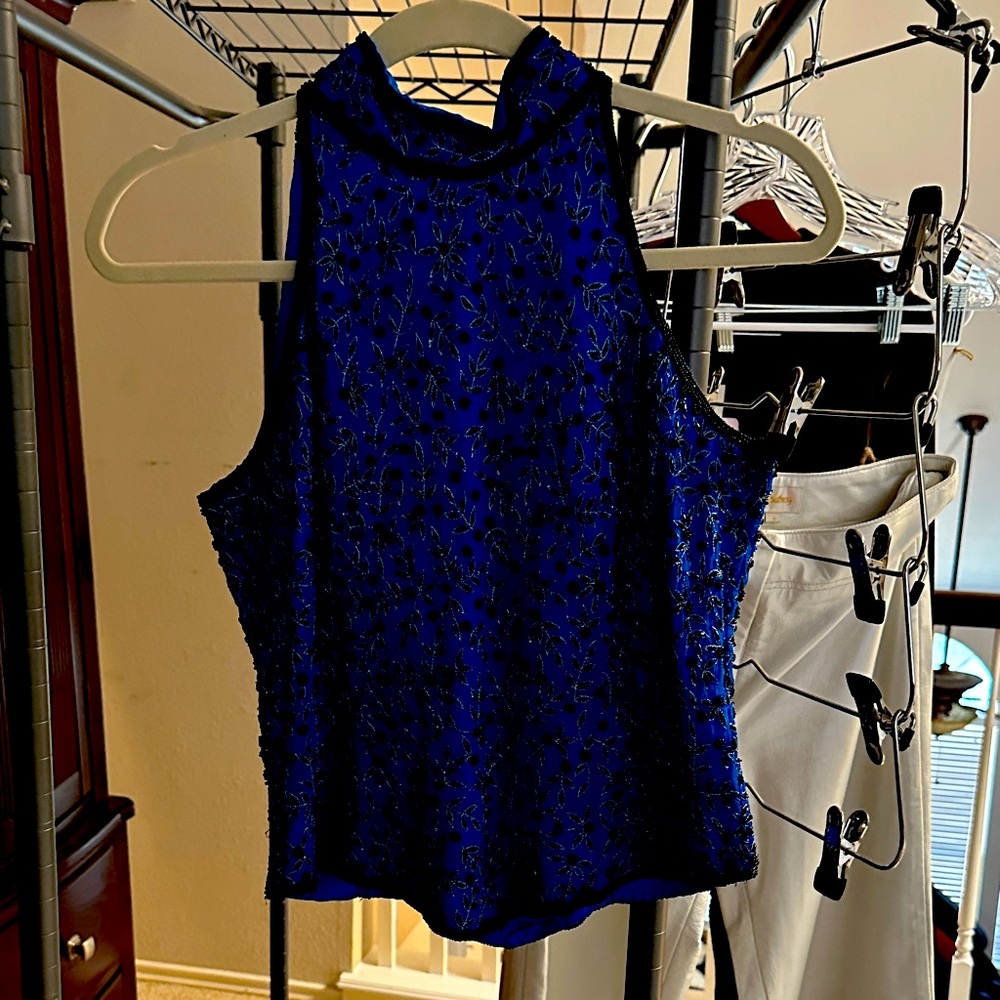Elegant Blue beaded top with mock neck Sleeveless Top never worn